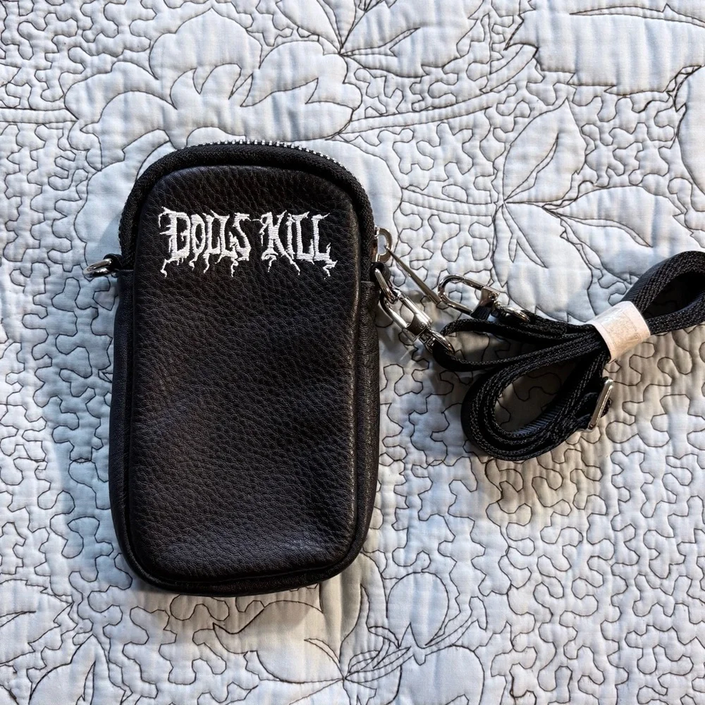 NWT Dolls Kill Black Faux Leather Logo 7” Phone Crossbody Bag NEW💚